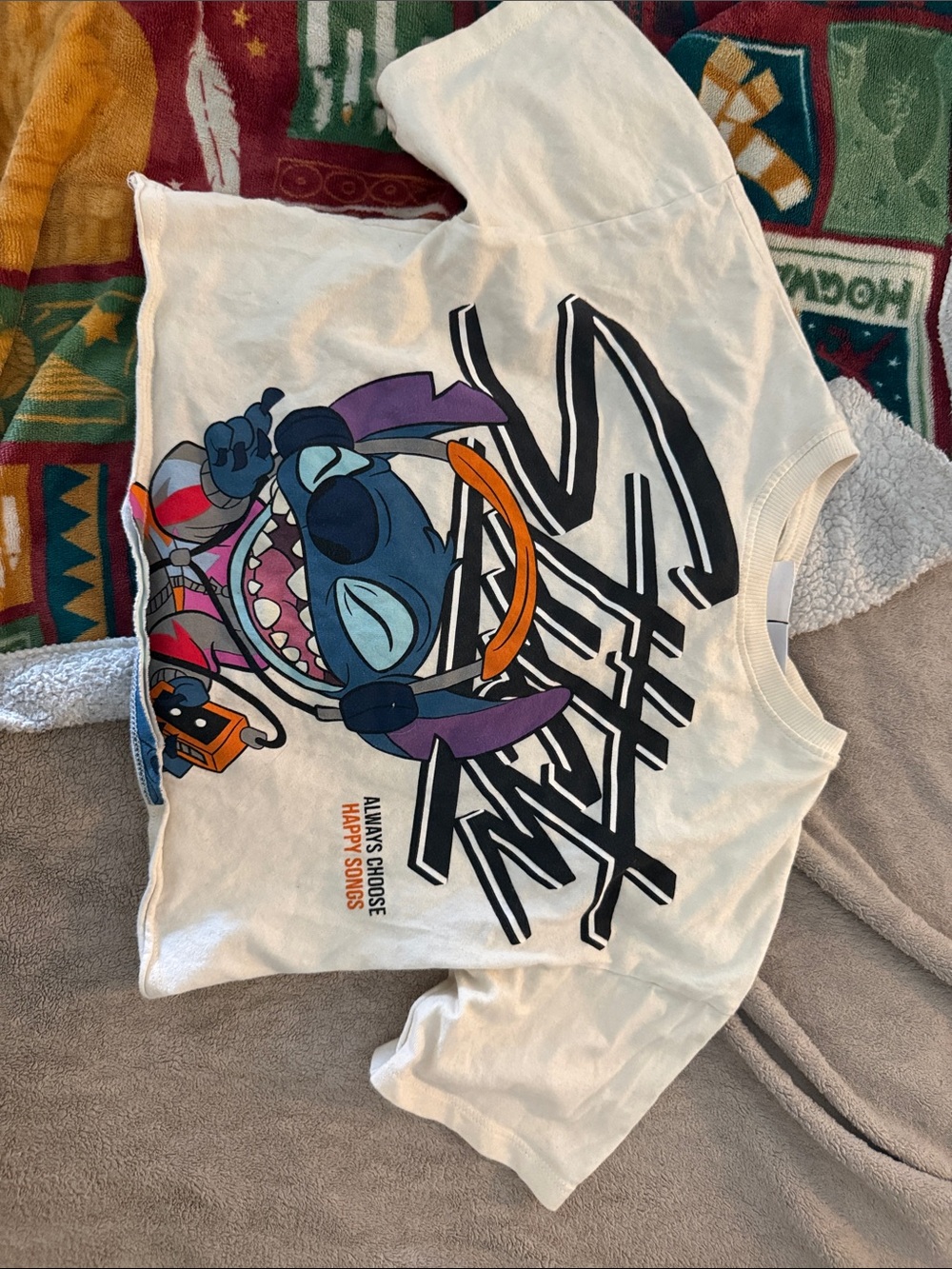 Zara White Tee with Blue & Purple Stitch Character